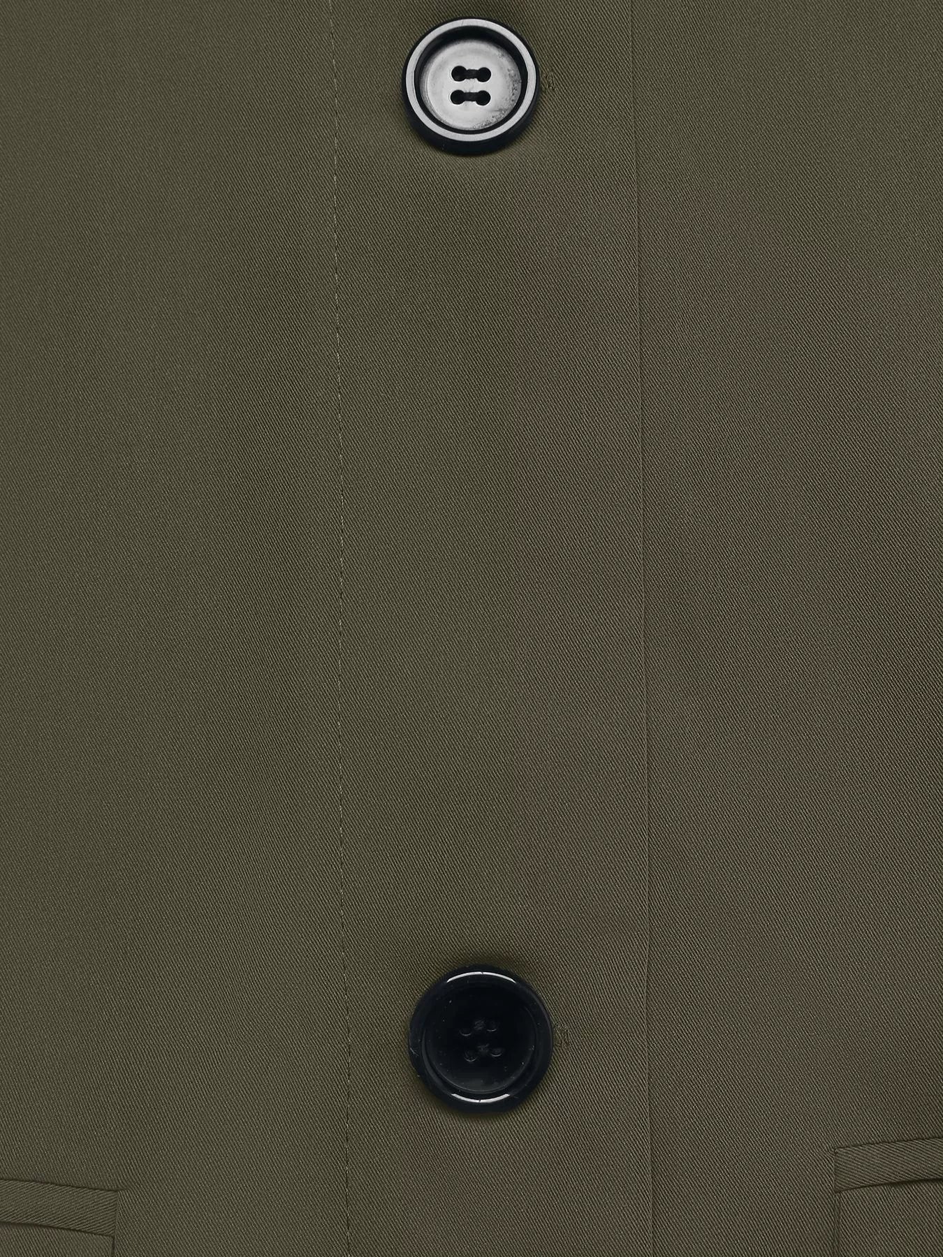 Close-up of Contrast Collar Button Up Coat showing dark green fabric and black buttons. Features two functional pockets.