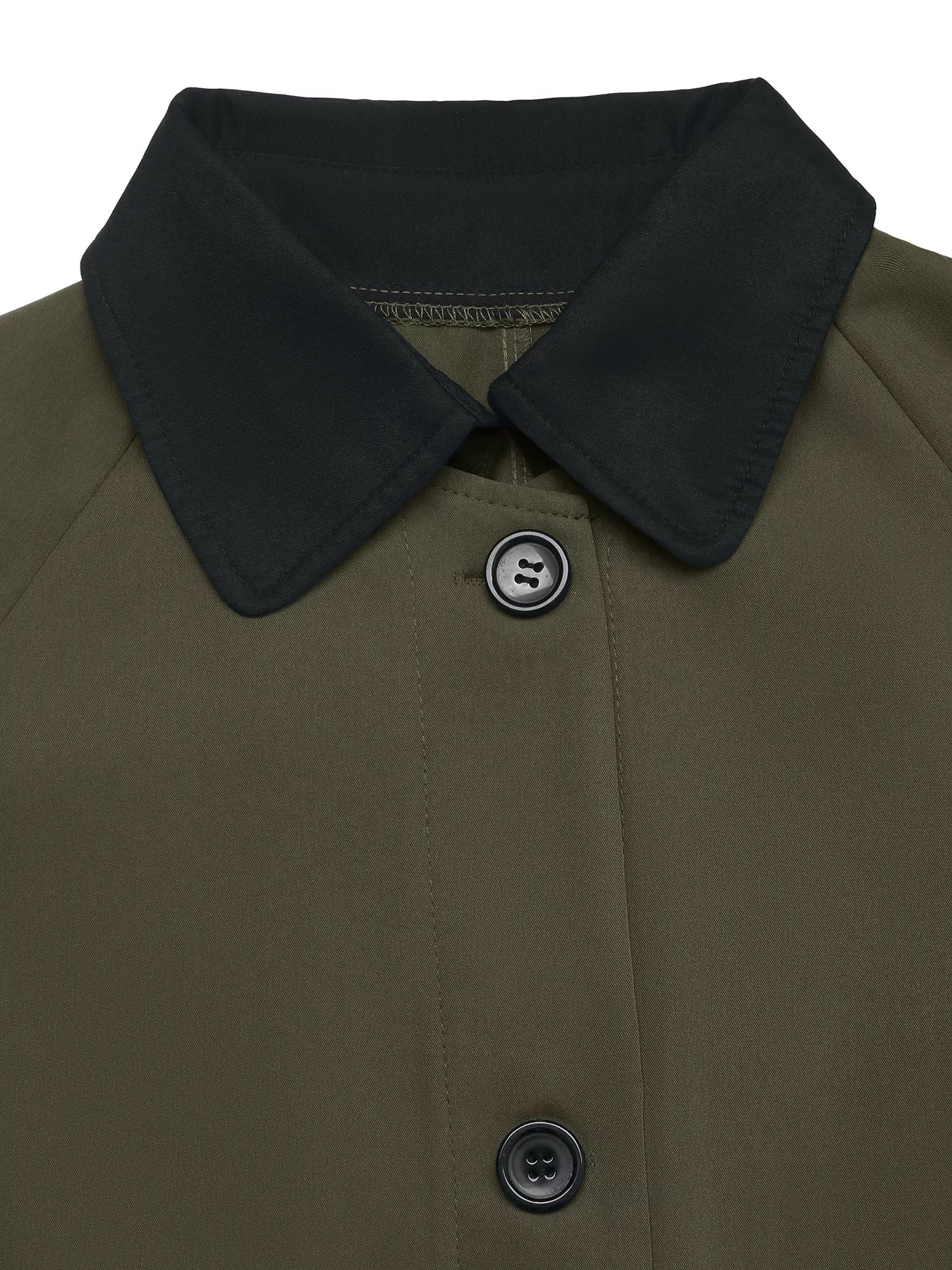 Close-up of a Contrast Collar Button Up Coat showing olive green fabric and a black collar with buttons.
