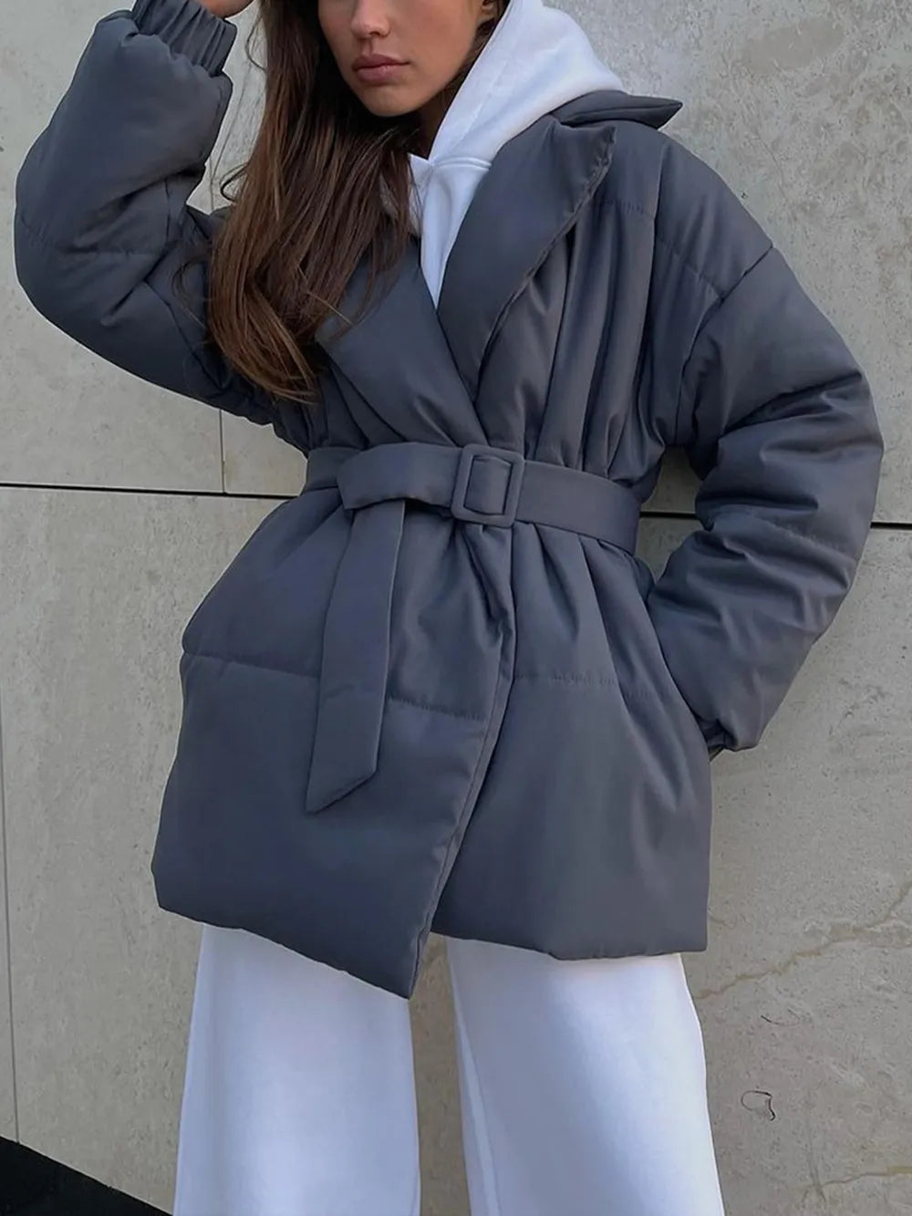 Puffer long sleeve winter coat with belt, grey, featuring a basic style and machine wash care instructions.