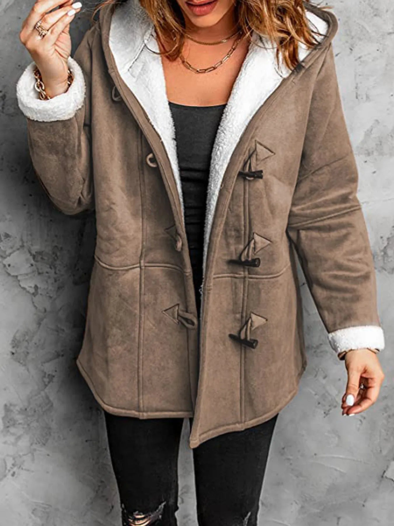 Plus size cozy sherpa lined toggle coat with hood, featuring a stylish taupe color and warm thick material.