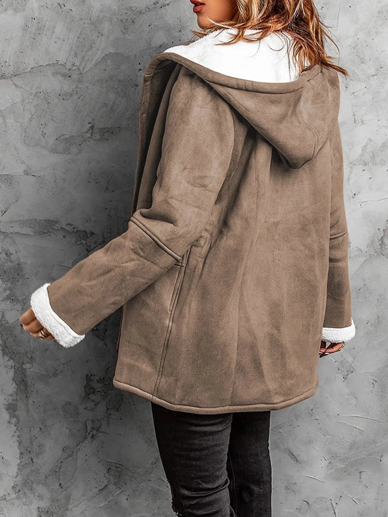 Cozy full size Sherpa lined toggle coat with hood, featuring soft texture and oversized fit in taupe color.