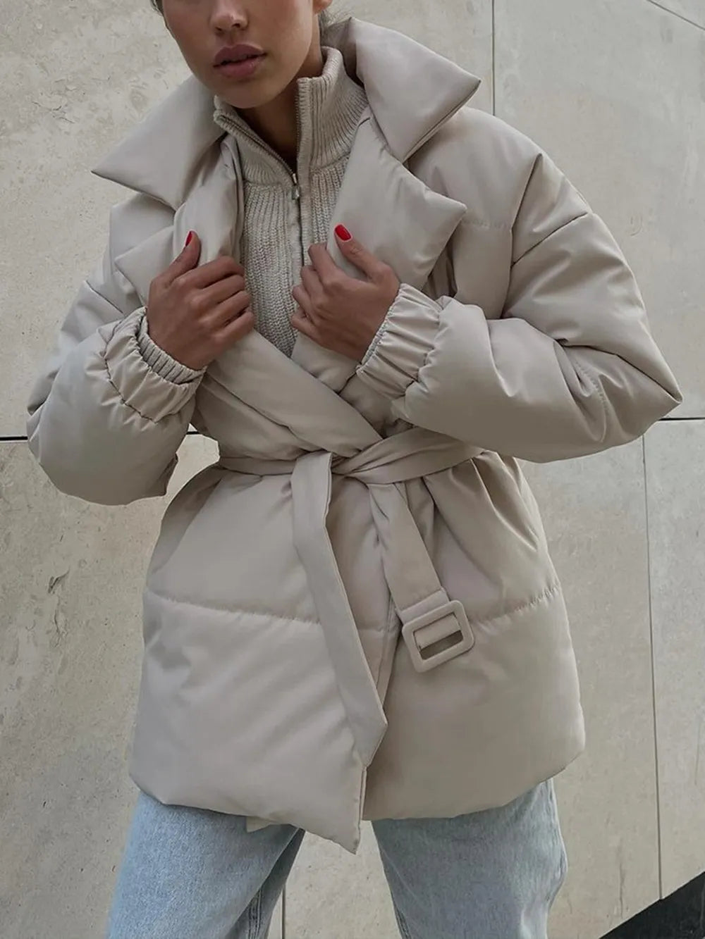 Puffer long sleeve winter coat with belt, beige, showcased with stylish layering, perfect for casual winter outfits.