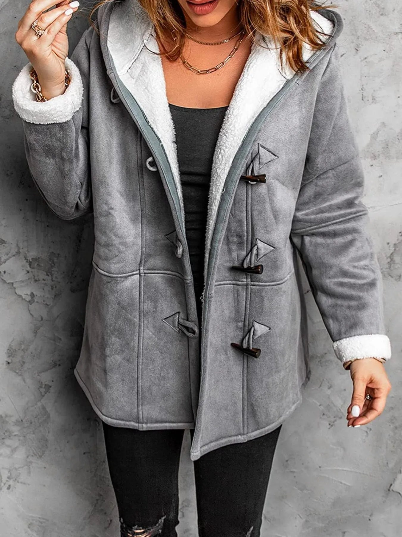 Full size cozy gray Sherpa lined toggle coat with hood, perfect for cold weather fashion.