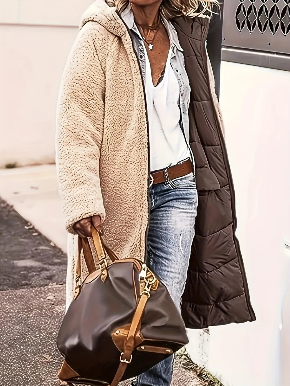 Woman wearing a full size zip up sherpa hooded coat with a brown bag, styled with denim jeans and a white shirt.