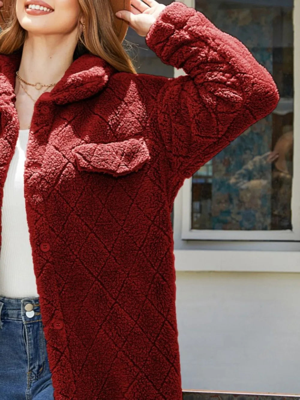 Texture button-up dropped shoulder coat in deep red with pocket, perfect for casual layering.