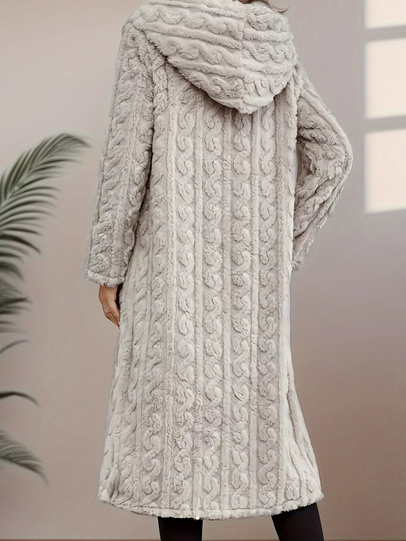 Stylish Sherpa longline hooded coat in gray, featuring a soft texture and cozy design, perfect for winter layering.