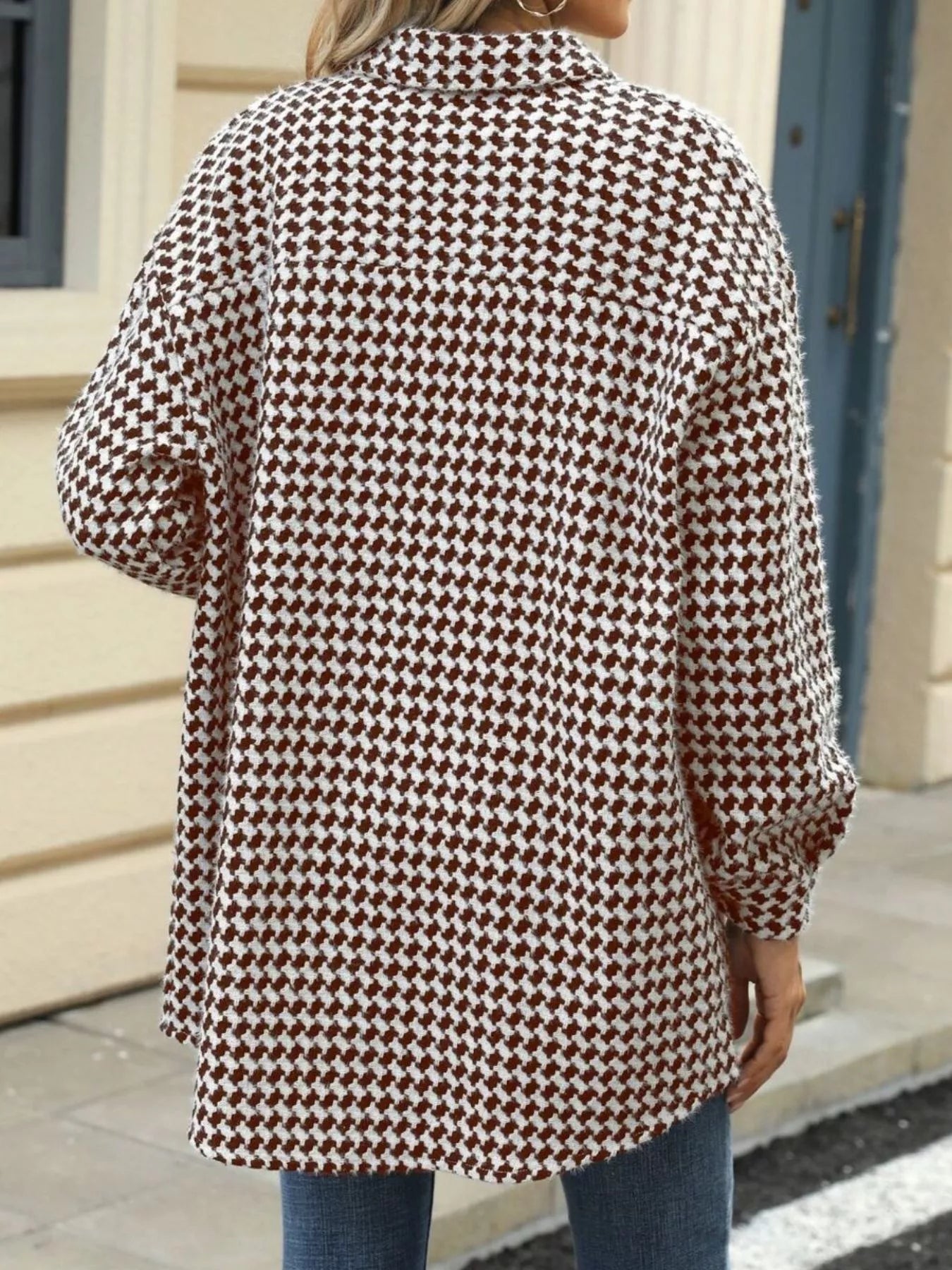 Houndstooth button-up long sleeve coat, brown and white pattern, stylish back view, perfect for fall layering.