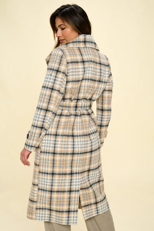 Back view of Coalition LA Double-Breasted Plaid Coat with Belt showcasing lapel collar and stylish plaid pattern.